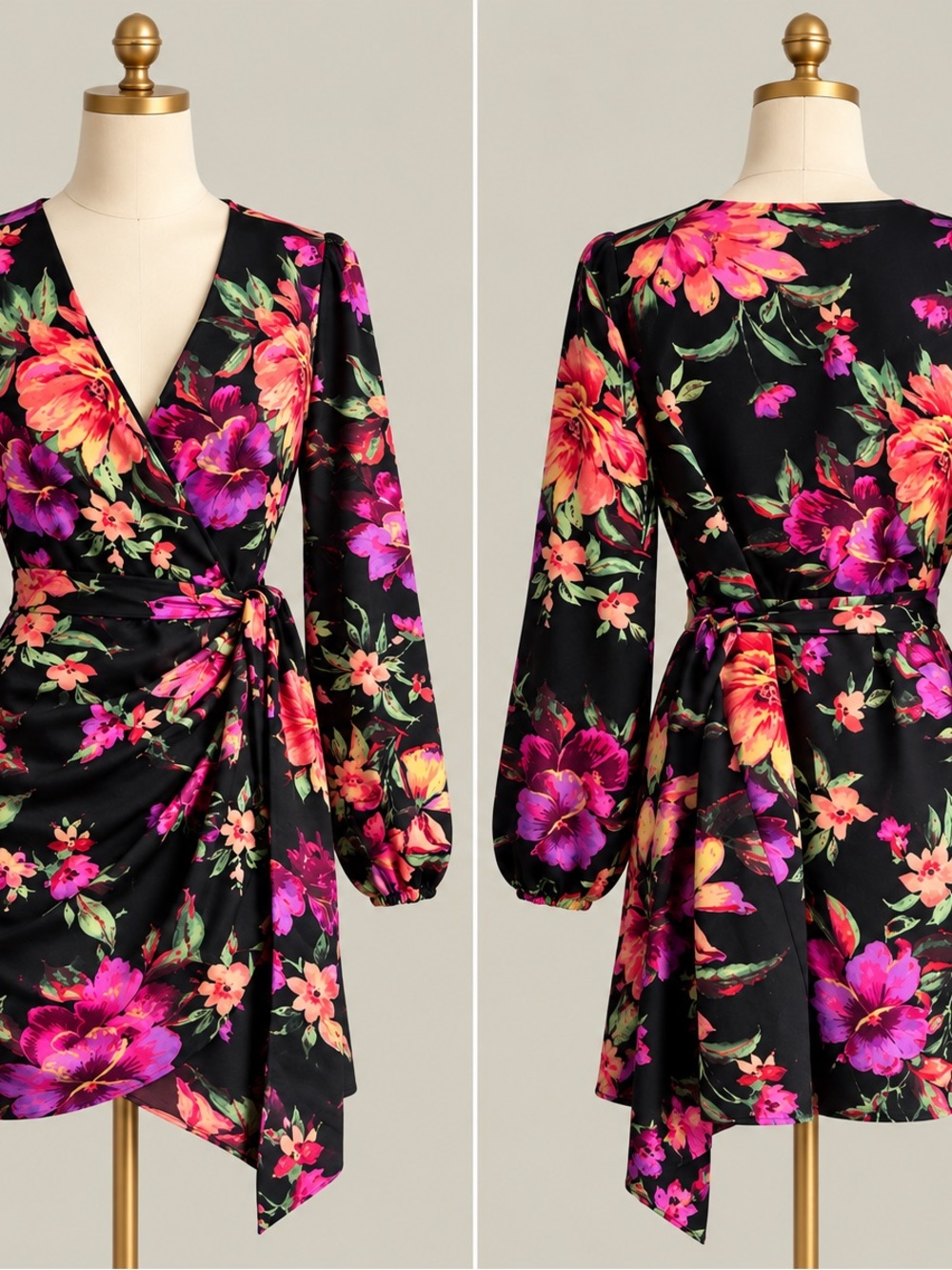Sienna Sky Black Mini Wrap Dress with Pink & Orange Floral